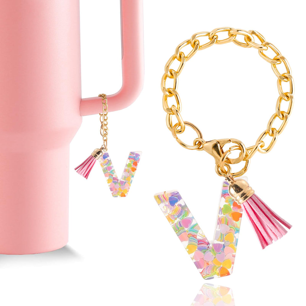 Letter Charm Accessories for Stanley Cup 1 PCS Cute Initial Keychain Handle Charm for Stanley Tumbler for Women Pink Letter V