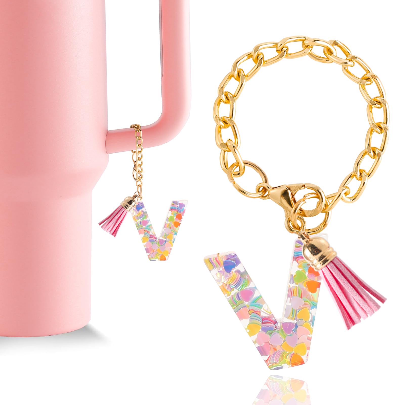 Letter Charm Accessories for Stanley Cup 1 PCS Cute Initial Keychain Handle Charm for Stanley Tumbler for Women Pink Letter V