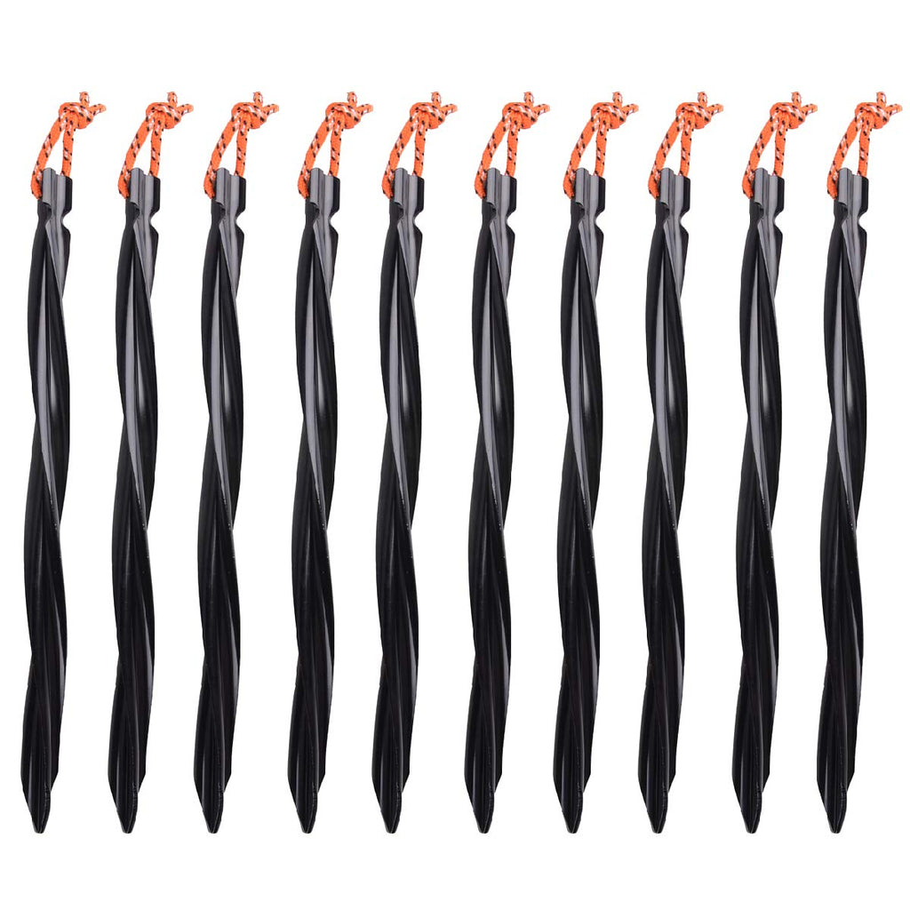 Azarxis Aluminum Tent Stakes Pegs Heavy Duty Lightweight For Camping Sand - 10 Pack (Black - Spiral - 9.84 Inches)