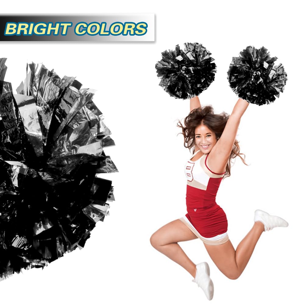 Lovecheer 2Pcs Pom Poms Cheerleading Black Metallic Cheer Pom Poms With Baton Handle For Sports Team Spirit Party Cheering