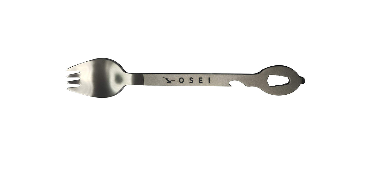 Crystal Earth 9 in 1 Long Titanium Camping Utensil. Features Spork, Wrench, Bottle Opener and Screw Driver. Designed by OSEI
