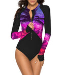 SELINK Women s Long Sleeve Rash Guard UV Protection Zipper Printed Surfing One Piece Swimsuit Bathing Suit Coconut Palm Tree-XL