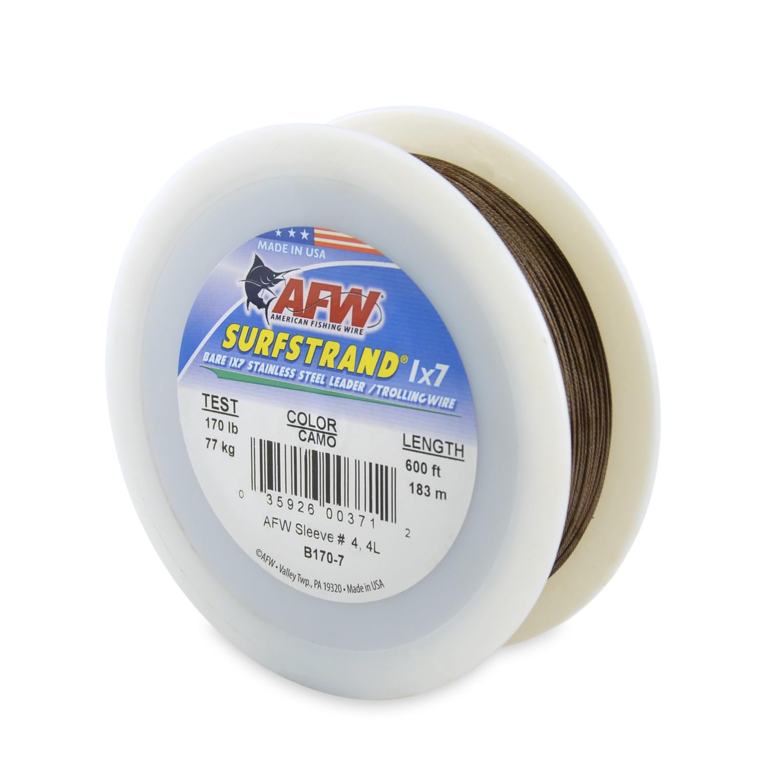 American Fishing Wire Surfstrand, Bare 1X7 Stainless Steel Leader Wire, 170 Lb Test, 0.033 Diameter, Camo, 600 Ft