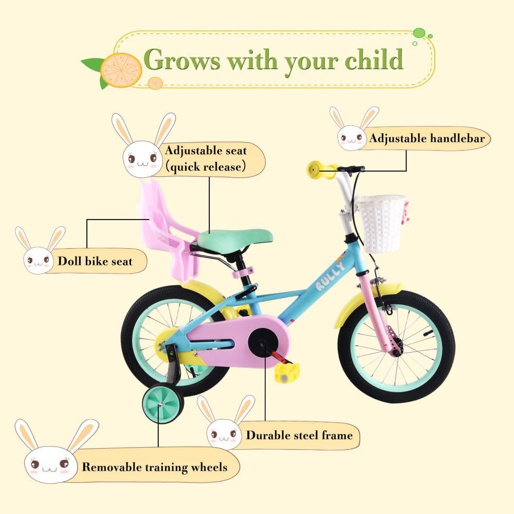 Rully Toddler Bike For Girls 4 5 6 7 Years, 16 Inch Rainbow Bicycle With Training Wheels, Safe Handbrake, Doll Seat & Basket