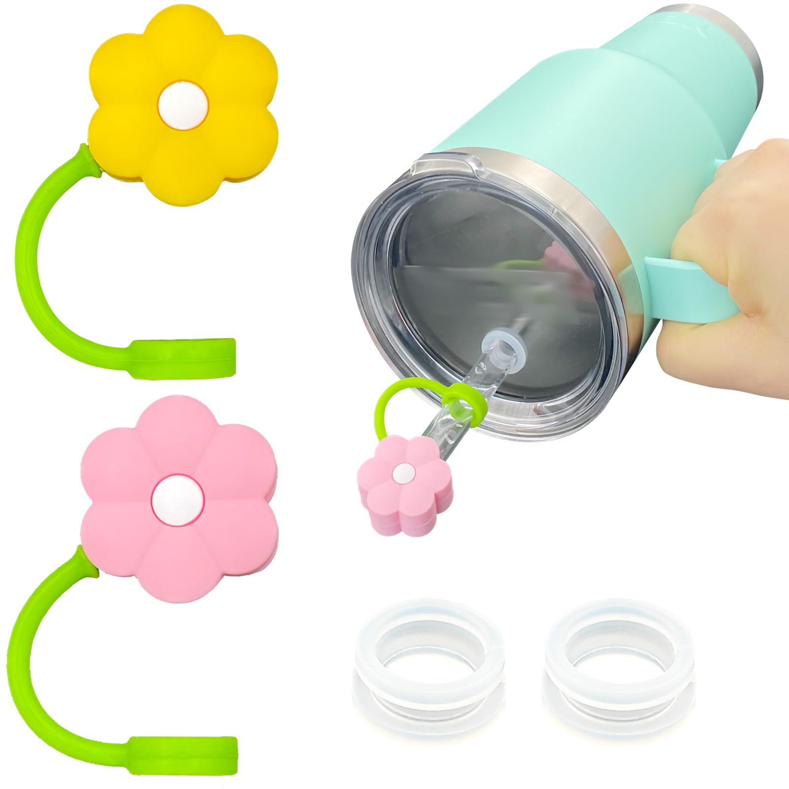 LUOLAO Flower Straw Cover Cap and Silicone Spill Stopper Compatible with Yeti Tumbler, Cup Accessories Including 2 Straw Cover T