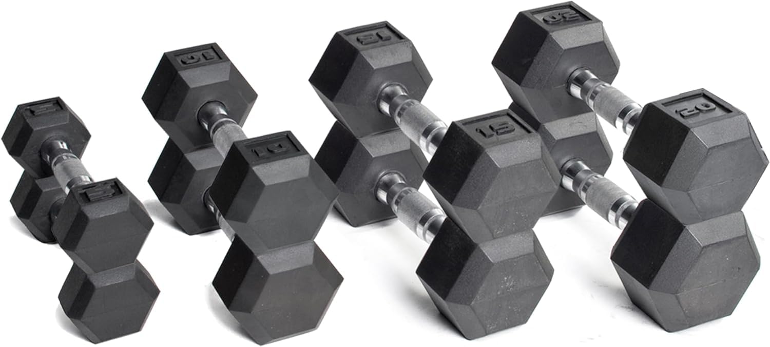 CAP Barbell 100 LB Rubber Coated Hex Dumbbell Hand Weight Set with Vertical Storage Rack | Black