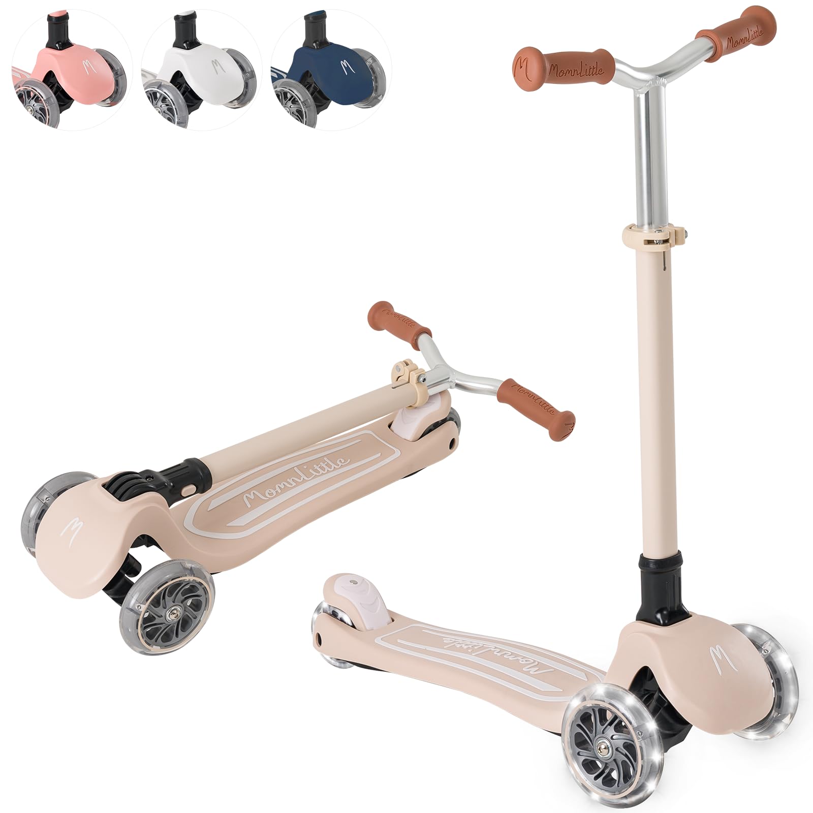MomnLittle Kick Scooter for Kids Ages 3-10 (Beige) 3 Wheeled with LED Light-Up Wheels CPSC Certified Foldable and 4 Height Adjus