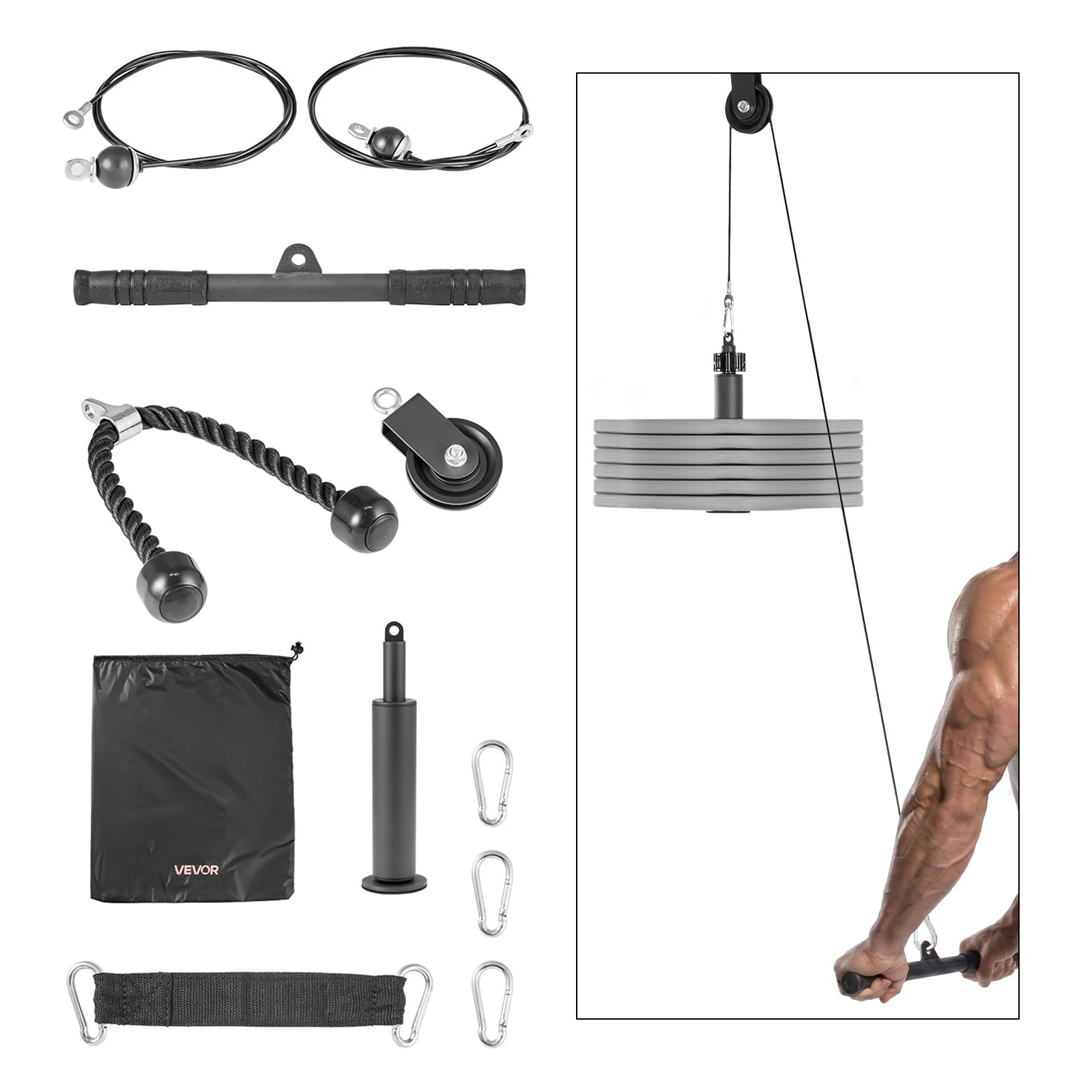 VEVOR Pulley System, 1 PC LAT and Lift Pulley System, Gym Rack Pulleys Attachment with Two Steel Cables, Short Bar, Dual Grip Ha