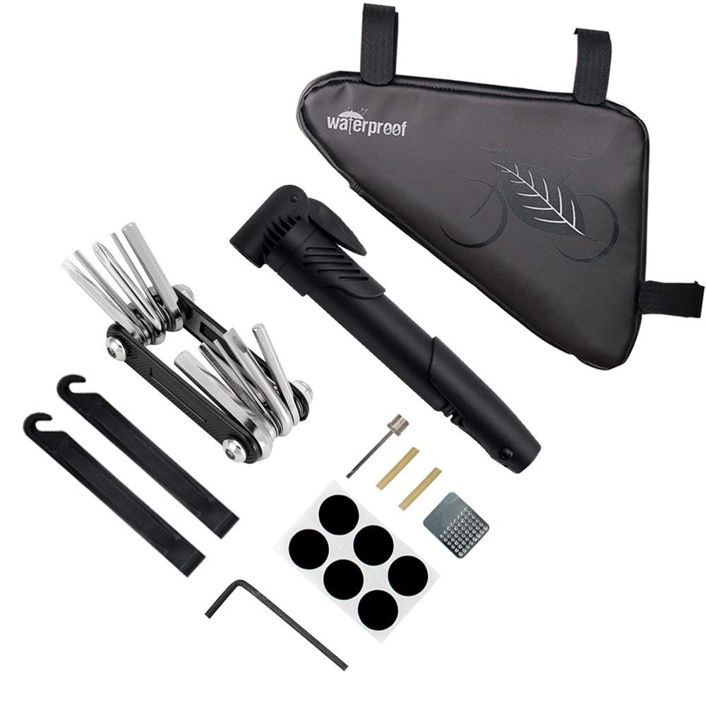 Wotow Bike Tire Repair Tool Kit, Waterproof Frame Storage Bag & Mini Bike Pump & 11 In 1 Multitool & Bicycle Tyre Lever Patch Po