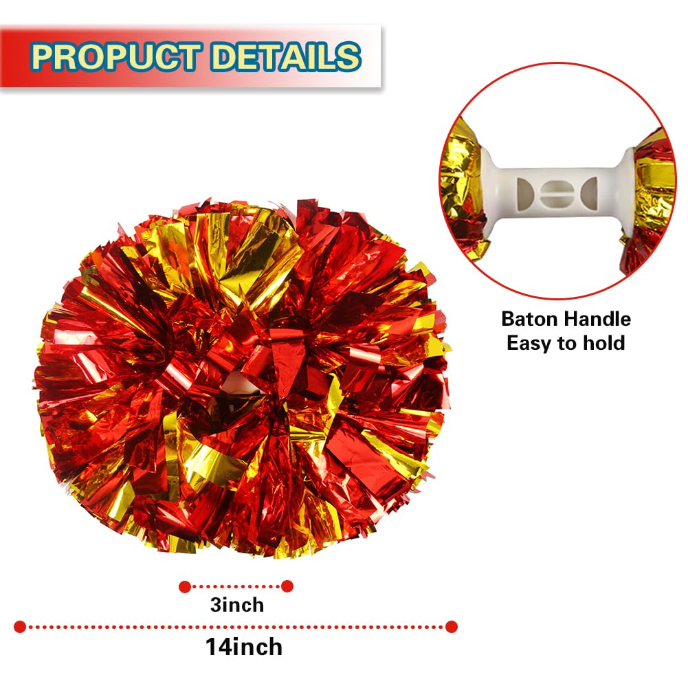 Lovecheer 2Pcs Red And Gold Metallic Pom Poms Cheerleading Cheer Pom Poms With Handle For Dance Party Sports Spirits