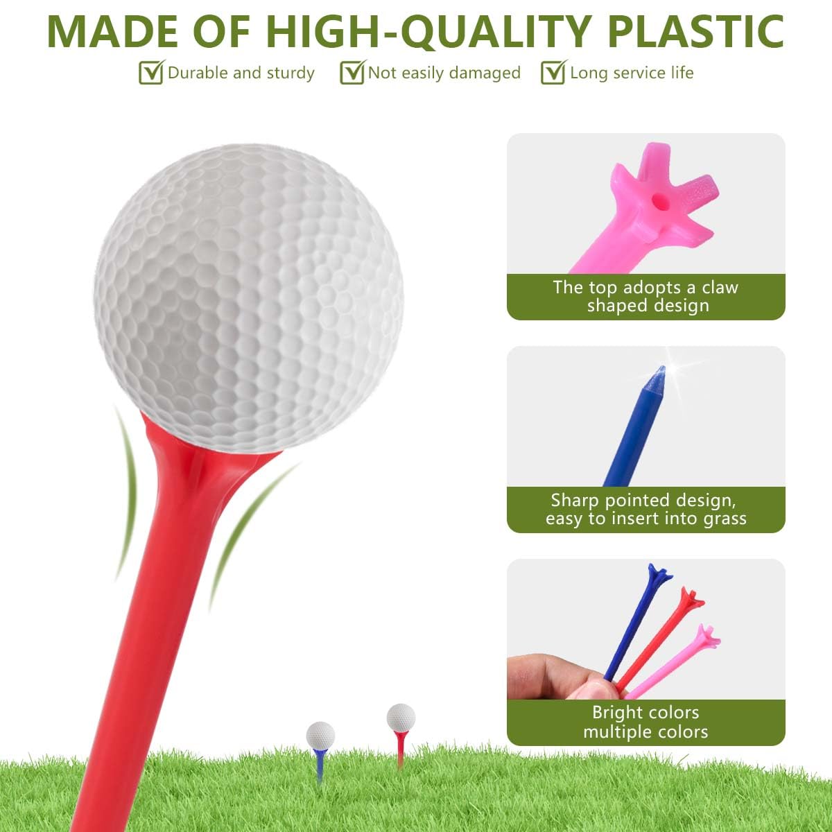 Kiseer 100 Pack Assorted Colors Professional Durable 2 3/4 Inch Plastic Golf Tees Bulk (Random Colors)