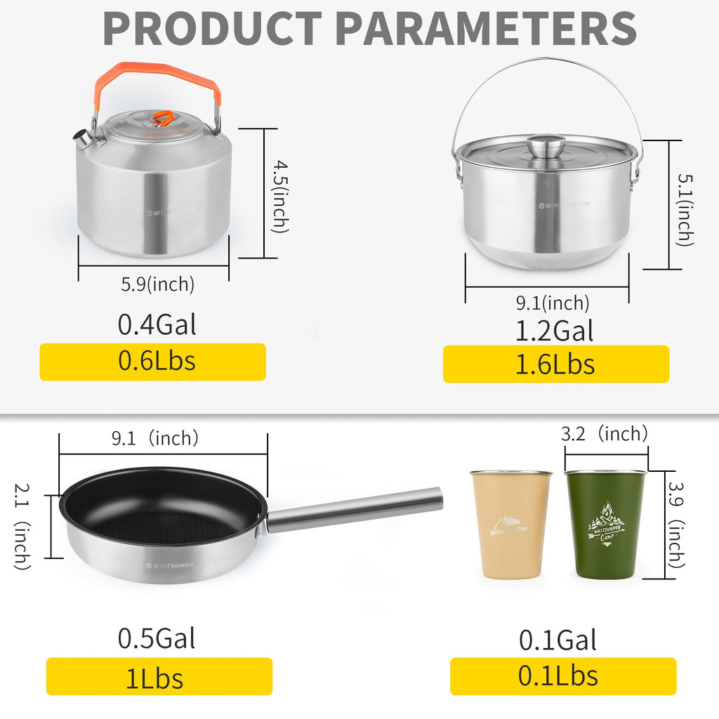 Whitsunday Outdoor Cookware 304 Stainless Steel Set, Backpacking Camping Dinnerware Set - Stackable Pots, Pans, Kettle, Cups Set