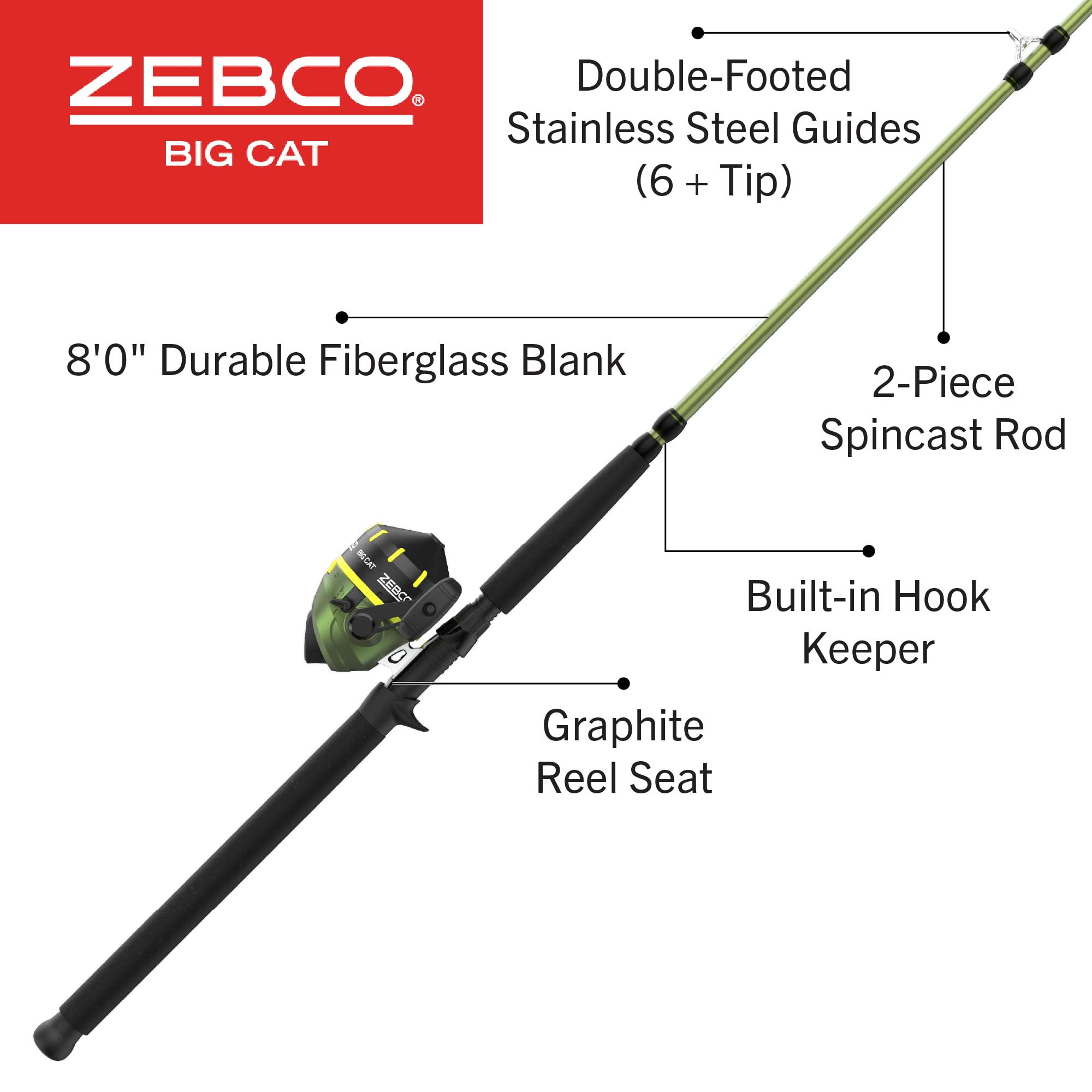 Zebco Big Cat Spincast Reel And Fishing Rod Combo, 8-Foot 2-Piece Fishing Pole, Dial-Adjustable Magnum Drag, Pre-Spooled With 25