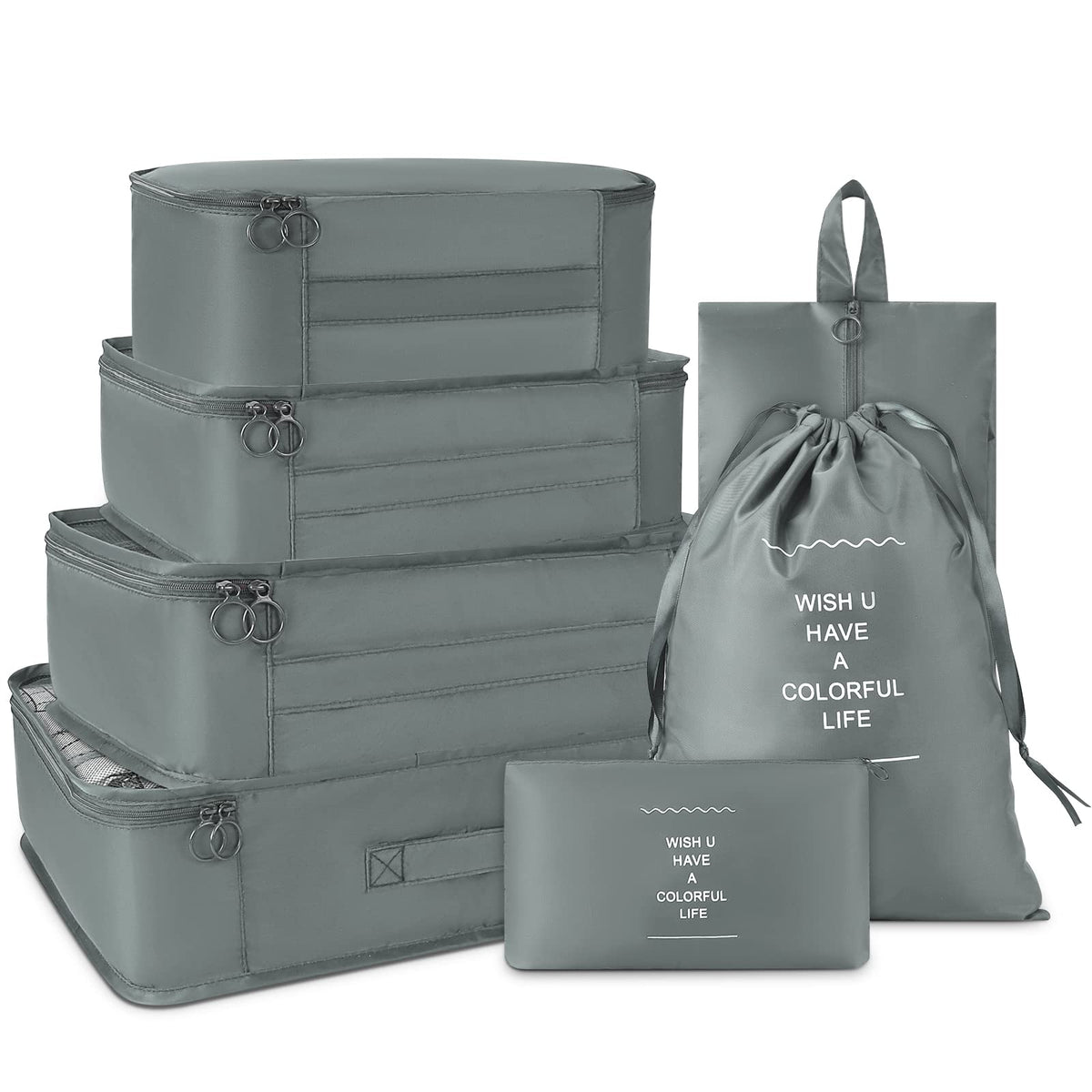 Lubardy Nylon 7 Set Packing Cubes For Suitcases Foldable Travel Luggage Packing Organizers With Laundry Bag & Shoe Bag For Women