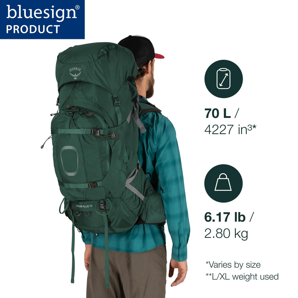 Osprey Aether Plus 70L Mens Backpacking Backpack, Axo Green, L/XL