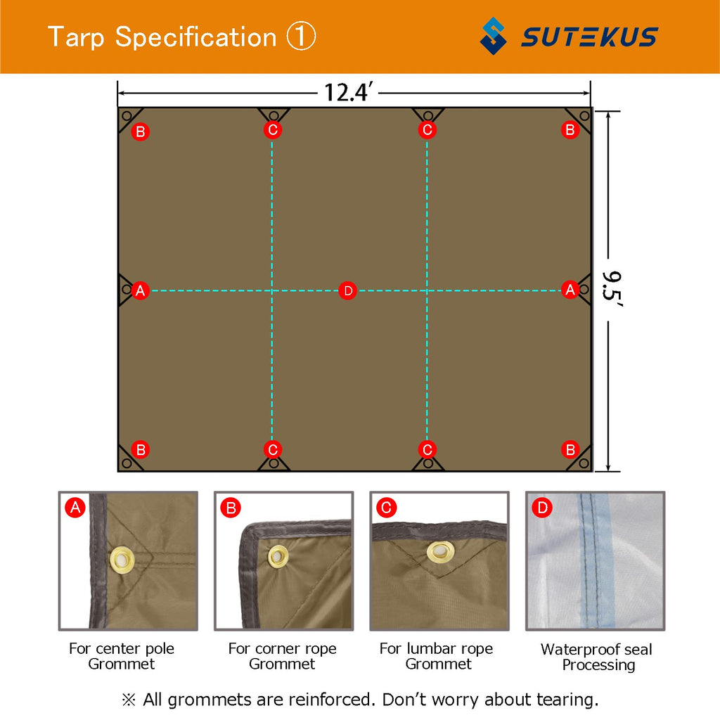 Sutekus Camping Tarp Rain Fly Tarp Waterproof Tent Tarp Lightweight Ripstop Fabric 12Ft Extra Large Tarp (Khaki)