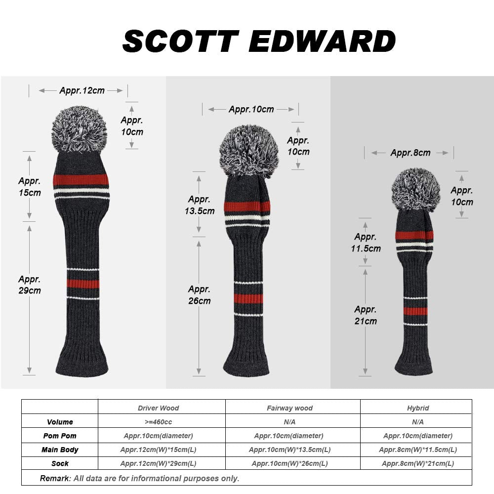 Scott Edward Grey Warning Stripes Golf Club Head Covers,Rotatable Number Tags, Acrylic Yarn Double-Layers Knitted, Set Of 4