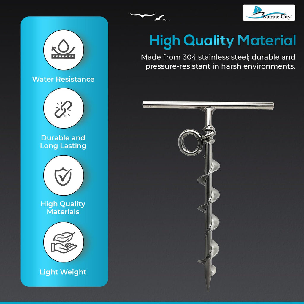 Marine City 304 Grade Stainless Steel Long Grip Spiral Ground Anchor With An O-Ring For Boat Mooring On Beach - Camping Tent - S