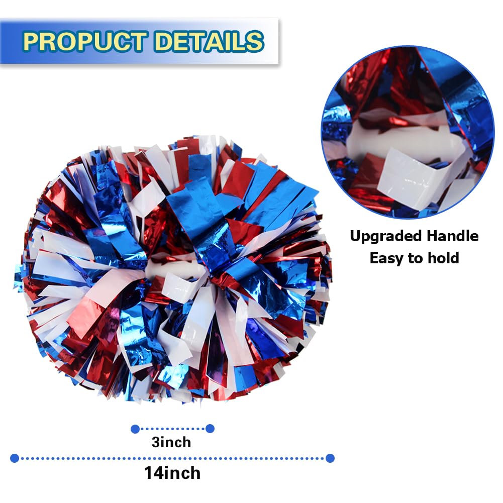 Lovecheer 2Pcs Pom Poms Cheerleading Blue And Red And White Metallic Cheer Pom Poms With Baton Handle For Sports Team Spirit Par
