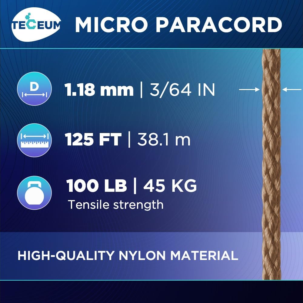 Teceum Micro Paracord - Coyote Brown - 1.18 Mm X 125 Ft - Micro Utility Cord - Thin Braided Paracord Rope Nylon Polyester - Wind