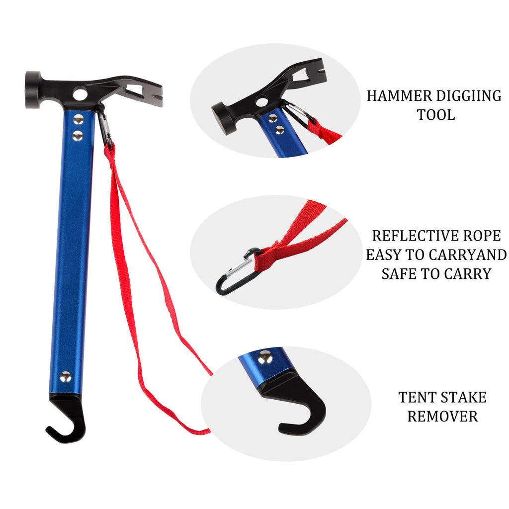 Carbon Steel Aluminum Camping Hammer, 12 Small Lightweight Three-In-One Functional Tent Stake Hammer For Hiking Kit Blue