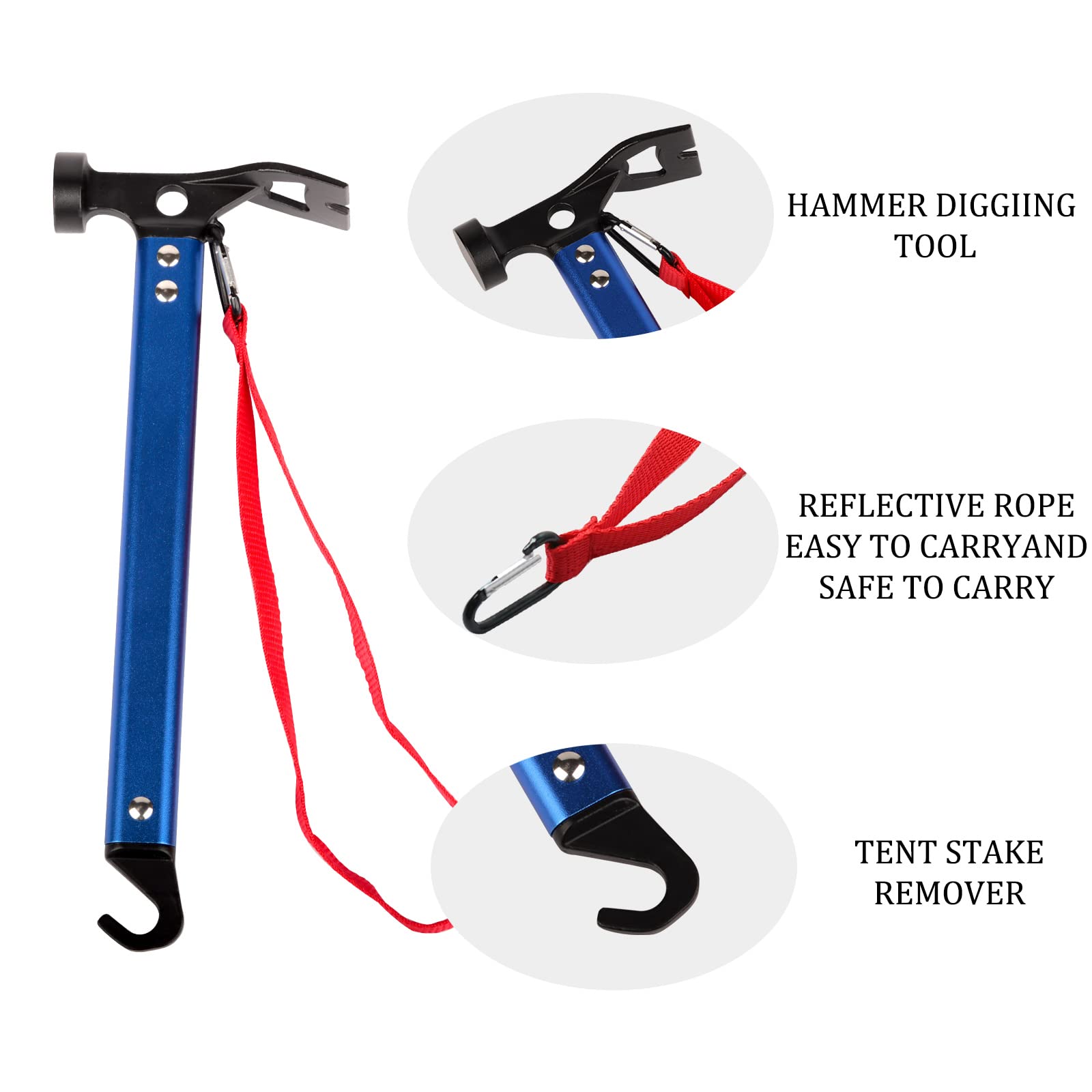 Carbon Steel Aluminum Camping Hammer, 12 Small Lightweight Three-In-One Functional Tent Stake Hammer For Hiking Kit Blue