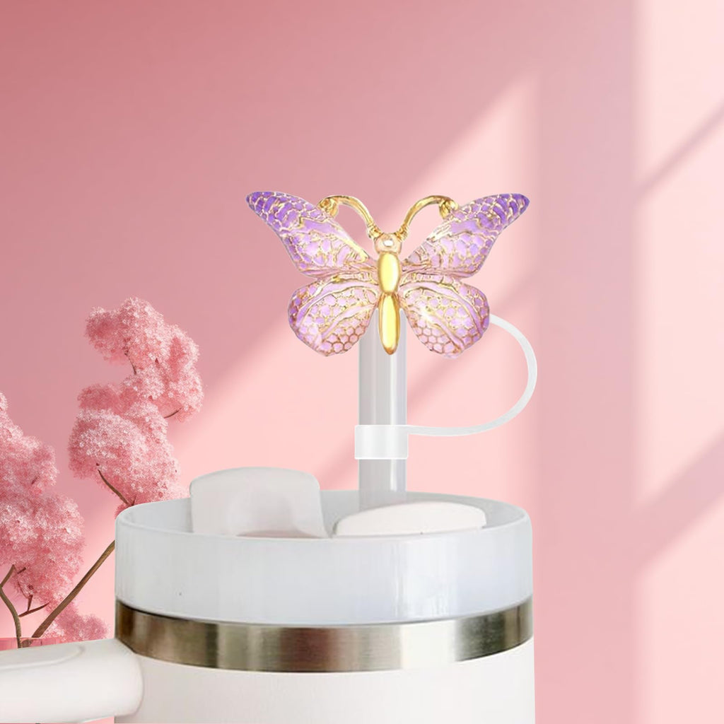 SEMATA 6PCS Cute Butterfly Straw Cover Cap for Stanley Cup Accessories,Bling Straw Toppers for Stanley Tumbler 40&30 oz,Reusable