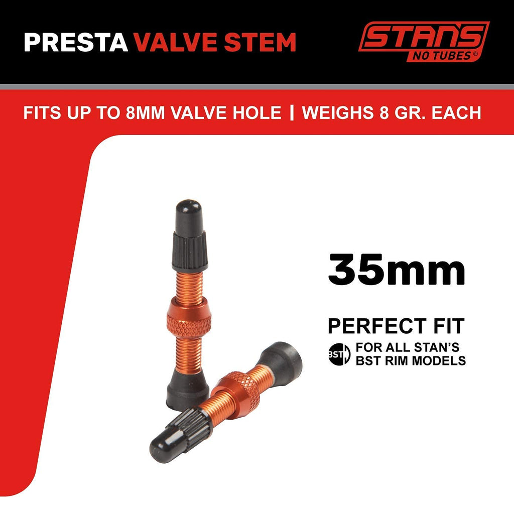 Stan'S Notubes Universal Tubeless Presta Valve Stem Pair, Aluminum Stems, 35 Mm, Orange