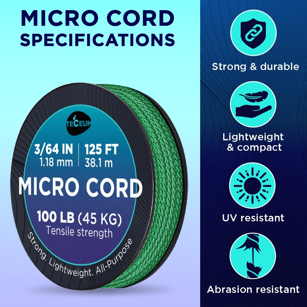 Teceum Micro Paracord - Green - 1.18 Mm X 125 Ft - Micro Utility Cord - Thin Braided Paracord Rope Nylon Polyester - Wind Chime