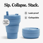 Stojo Collapsible Travel Cup With Straw - Steel Blue, 16Oz / 470Ml - Reusable To-Go Pocket Size Silicone Bottle For Hot And Cold