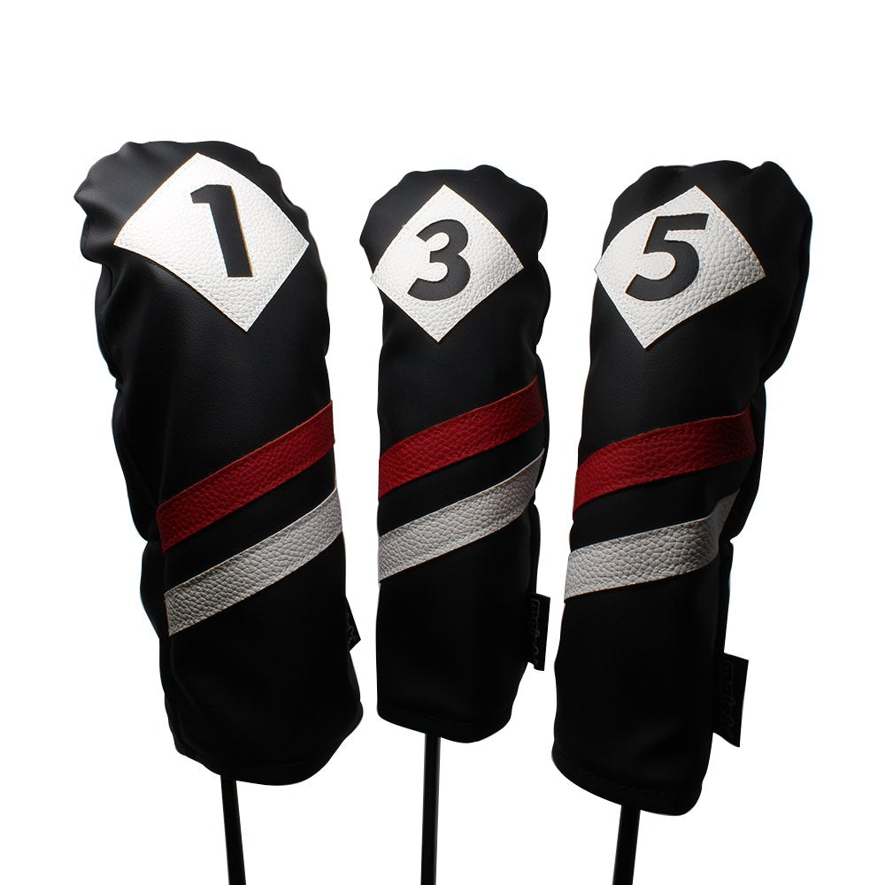 Majek Retro Golf Headcovers Black Red And White Vintage Leather Style 1 3 5 Driver And Fairway Head Covers Fits 460Cc Drivers Cl