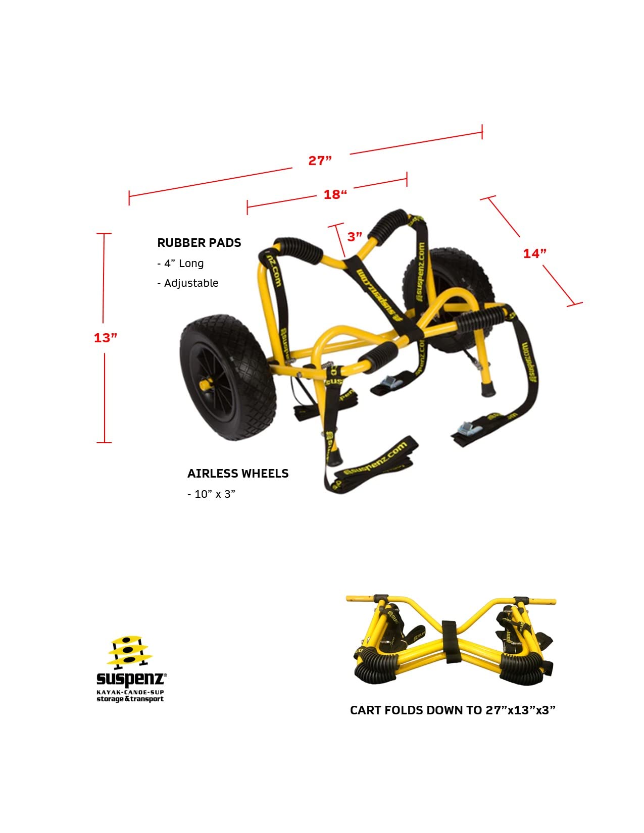 Suspenz Kayak Canoe Transport Trailer, Dlx Kayak Cart, Trolley With Airless Wheels And Straps, Weight Capacity 150 Lbs, Yellow (