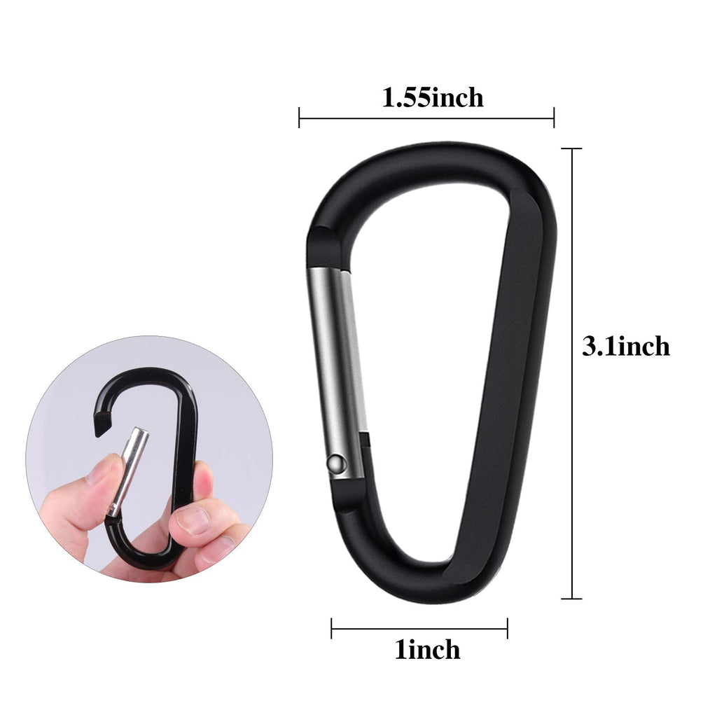 6Pcs Black Carabiner Caribeaner Clip,3'' Large Aluminum D Ring Shape Carabeaner With 6Pcs Keyring Keychain Hook