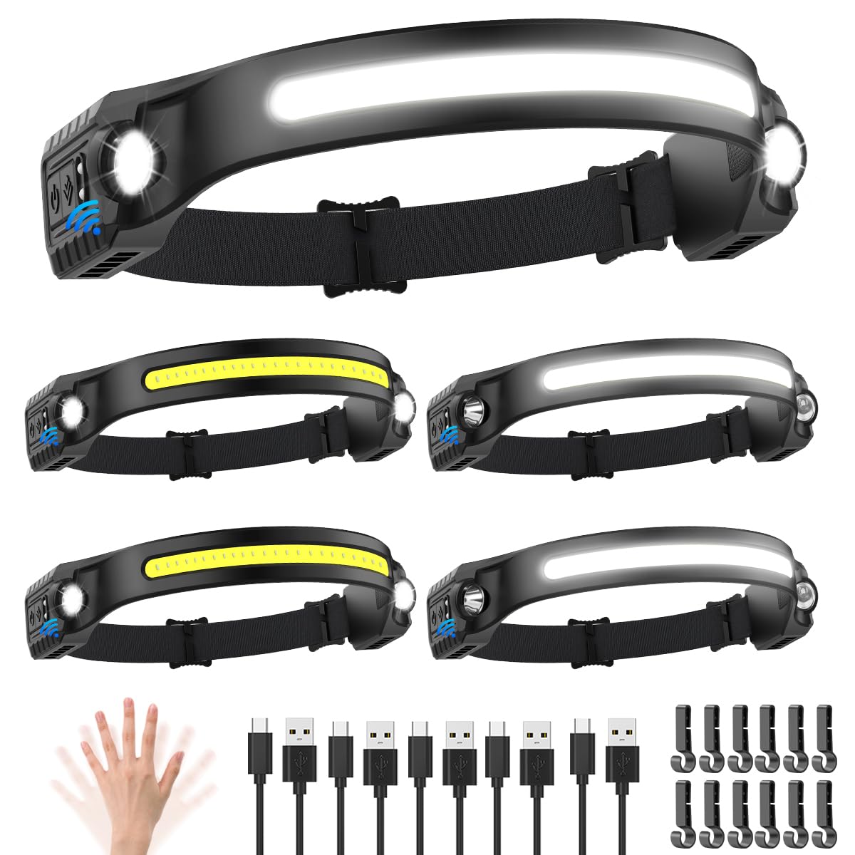 Headlamp Rechargeable 5Pack, 230 Wide Beam Head Lamp with 2 Spotlights, LED Headlamp with Motion Sensor, 5Mode Rechargeable Head