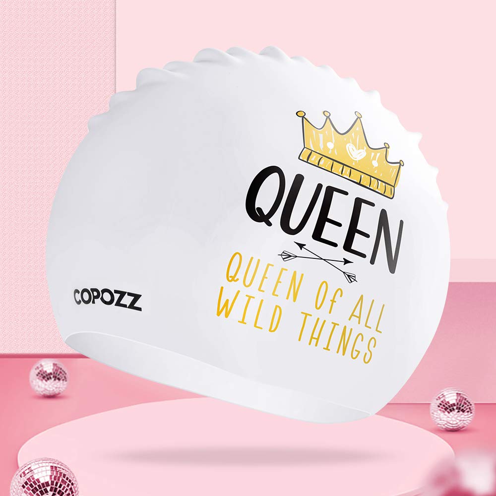 Copozz Swim Cap For Women, Silicone Waterproof Comfy Swimming Bathing Cap For Long Hair With Crown Printed
