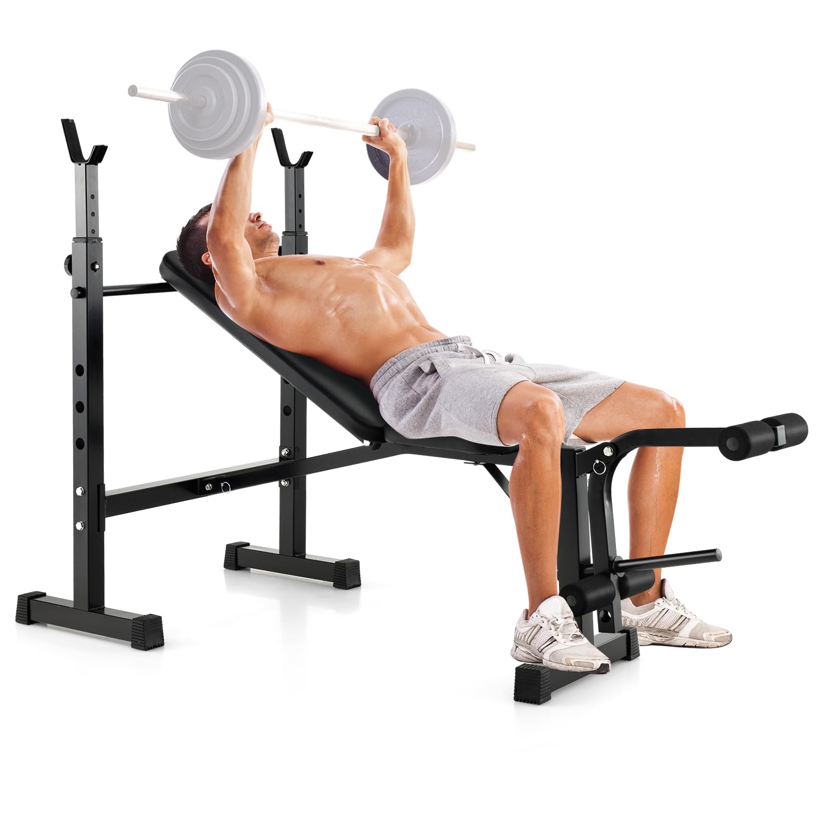 GYMAX Adjustable Weight Bench, Foldable Weight Bench with Squat Racks, Leg Extension & Leg Curl, Strength Training Workout Bench