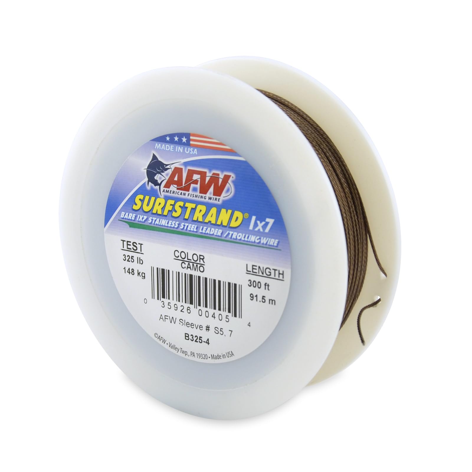 American Fishing Wire Surfstrand, Bare 1X7 Stainless Steel Leader Wire, 325 Lb Test, 0.045 Diameter, Camo, 300 Ft