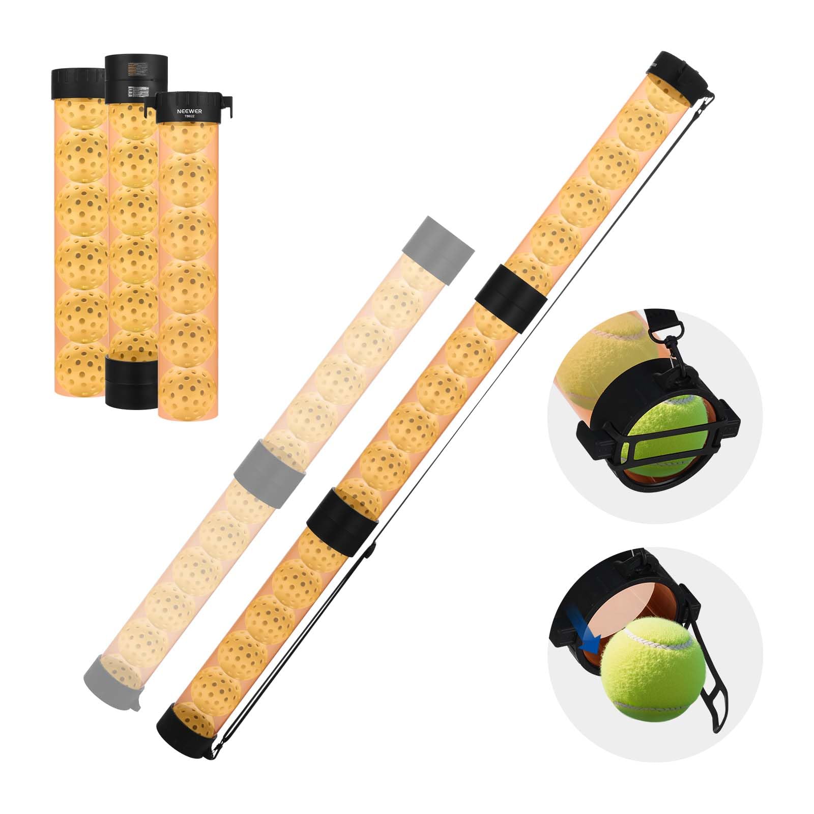 NEEWER Ball Retriever Tube Hopper for 18 Tennis Balls & 15 Pickleballs, Detachable 3 Section No Bending Pickup Picker Upper Coll