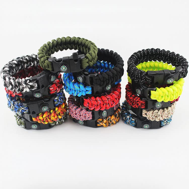 12Pcs Pack Mix Colors 5/8'' Compass Flint Scraper Fire Starter Whistle Buckle Plastic Paracord Bracelet Outdoor Camping Emergenc