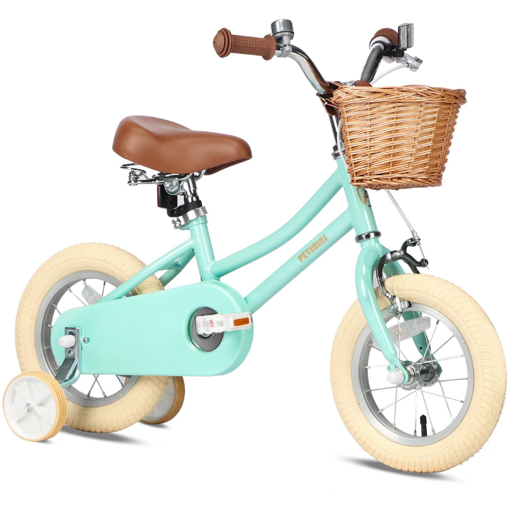 Petimini 12 Inch Kids Bike for Age 2 3 4 Years Old Little Girls Toddlers Retro Vintage Style Bicycles with Basket Training Wheel