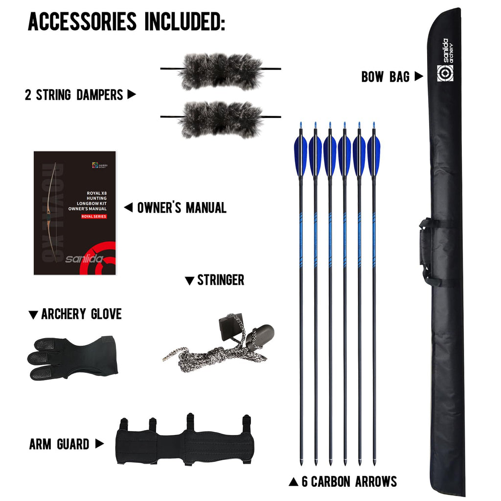 Sanlida Archery 68    Royal X8 Longbow Traditional Wooden Hunting Bow Handmade Hunting Bow And Arrows Kit For Adults & Tradition