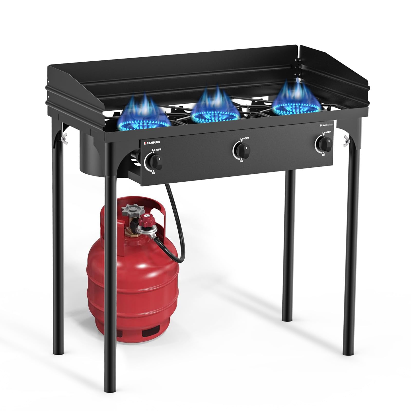 Camplux 3 Burner Camping Stove For Outdoor Cooking, 225,000 Btu Propane Outdoor Stove With Detachable Stand Legs And Windshield,