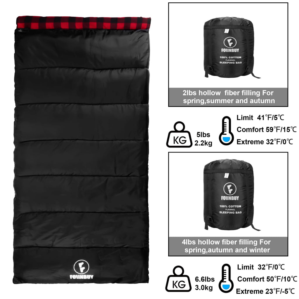 Forinbuy Cotton Flannel Sleeping Bag For Adults, Xl Cold Weather Sleeping Bags, 3-4 Season Waterproof Warm Envelope Sleeping Bag