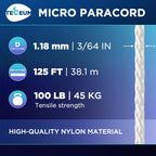 Teceum Micro Paracord - White - 1.18 Mm X 125 Ft - Micro Utility Cord - Thin Braided Paracord Rope Nylon Polyester - Wind Chime