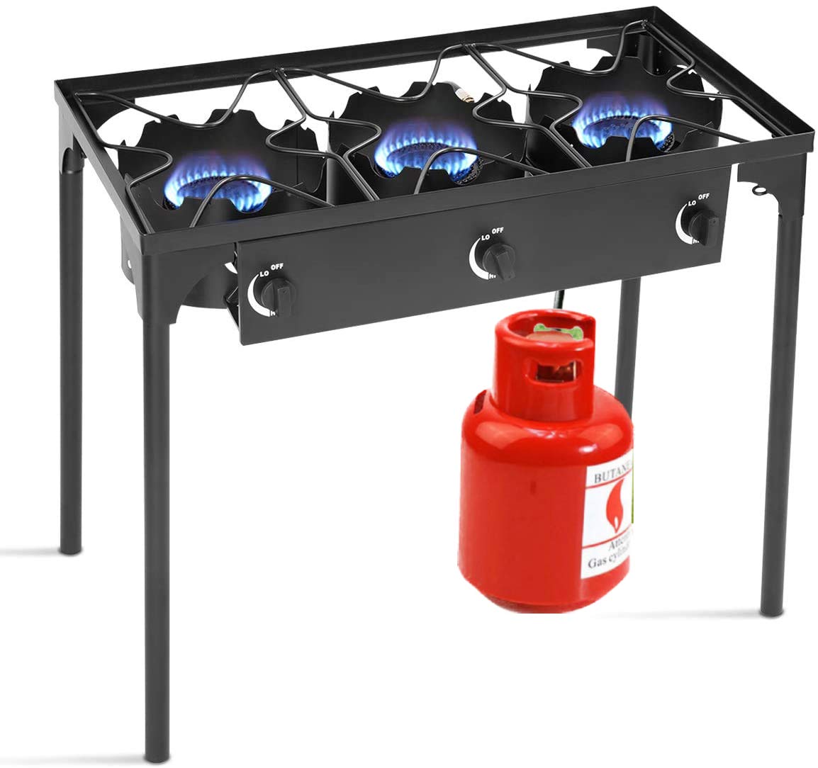 Happygrill Camping Stove Outdoor, High Pressure 3 Burner Propane Gas Camp Stove W/Detachable Legs, 225,000-Btu Output, 0-20 Psi