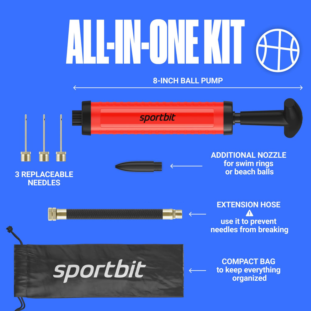 Sportbit Ball Pump With 3 Needles, Nozzle, Extension Hose, Pouch - Great Air Pump For Exercise Sport Balls - Football & Soccer,