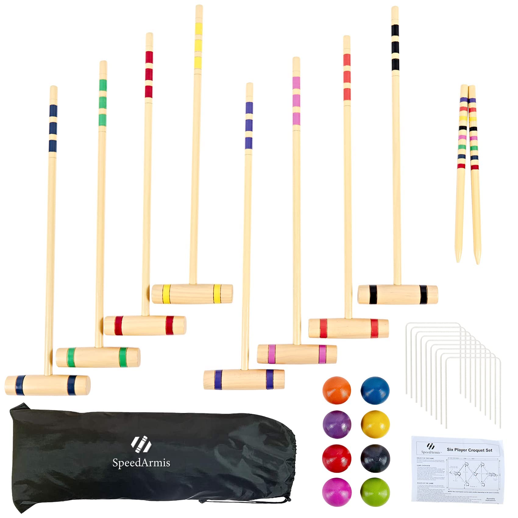 Speedarmis 8 Players Croquet Set - 28In Pine Wooden Mallets, Colored Pe Ball, Wickets, End Stakes, Lawn Backyard Outdoor Game Se