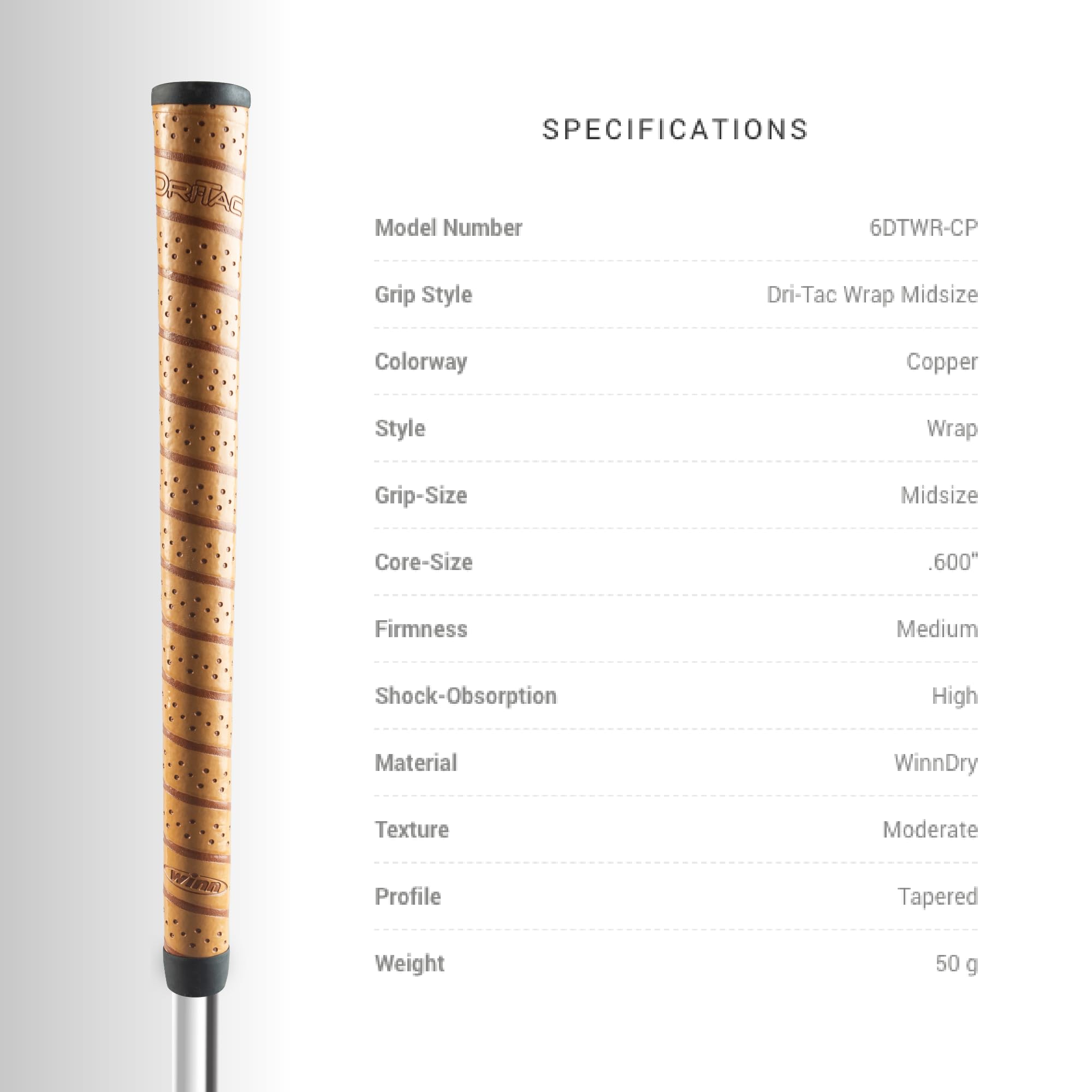 Winn Dri-Tac Wrap Midsize (+1/16'') Golf Grip - Classic Wrap-Style Design With Contoured Feel - Winndry Polymer For Shock Absorp