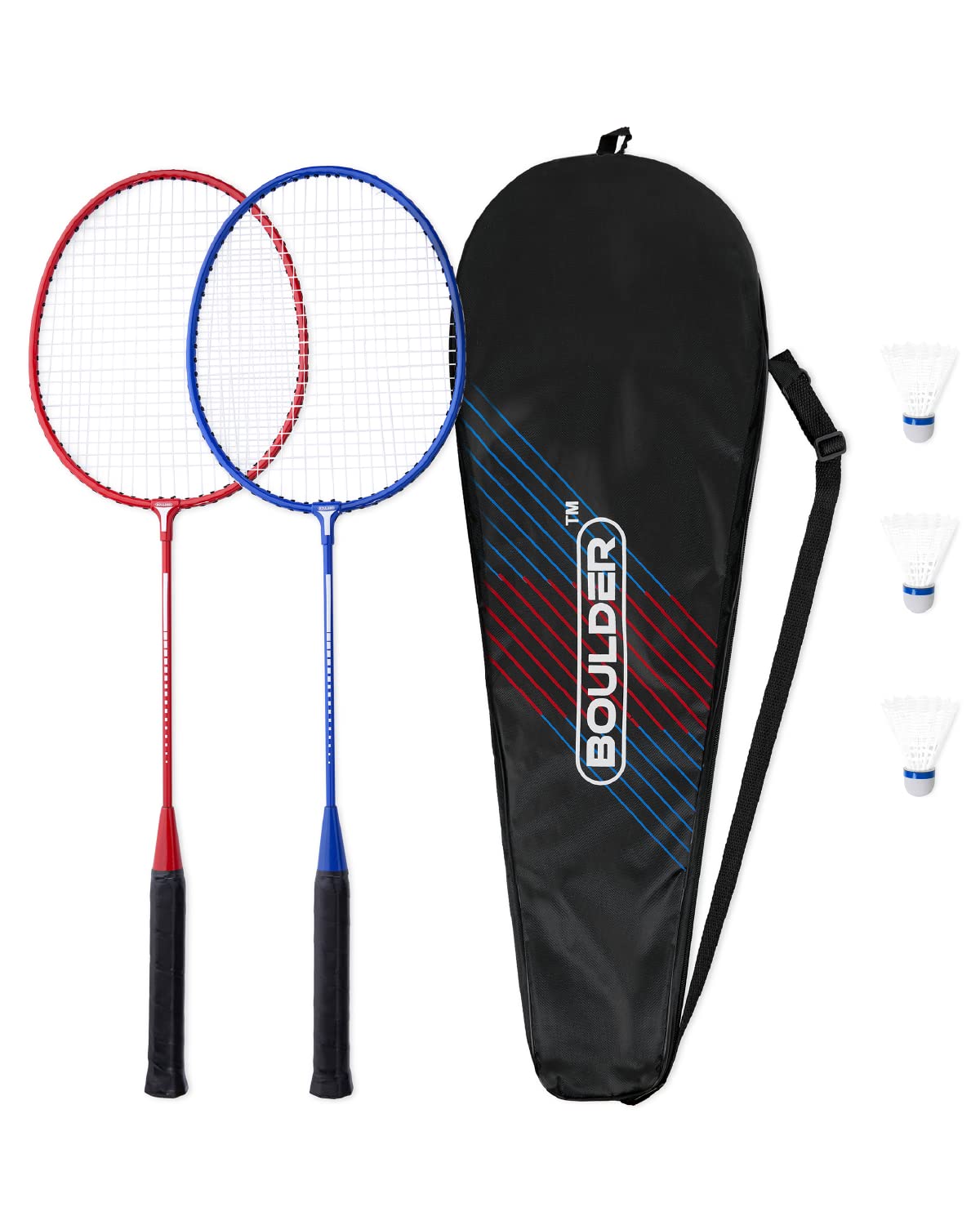 Boulder Sports Badminton Set of 2 Badminton Rackets, 3 Shuttlecocks, and 1 Racquet Case - Badminton Set for Backyard or Outdoor 