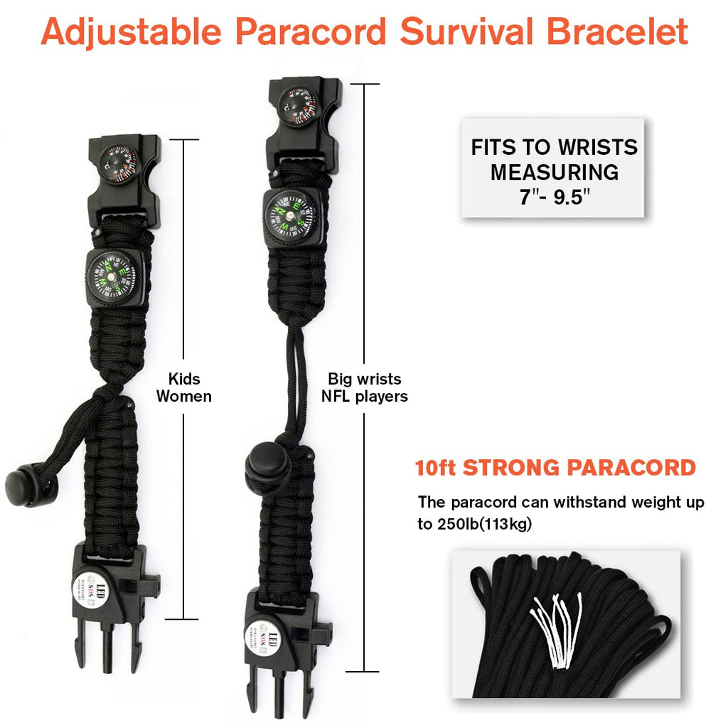 Nvioasport 20 In 1 Paracord Bracelet, Adjustable Gear Kit With Sos Led Light, Fire Starter, Bigger Compass, Survival Whistle, Pe